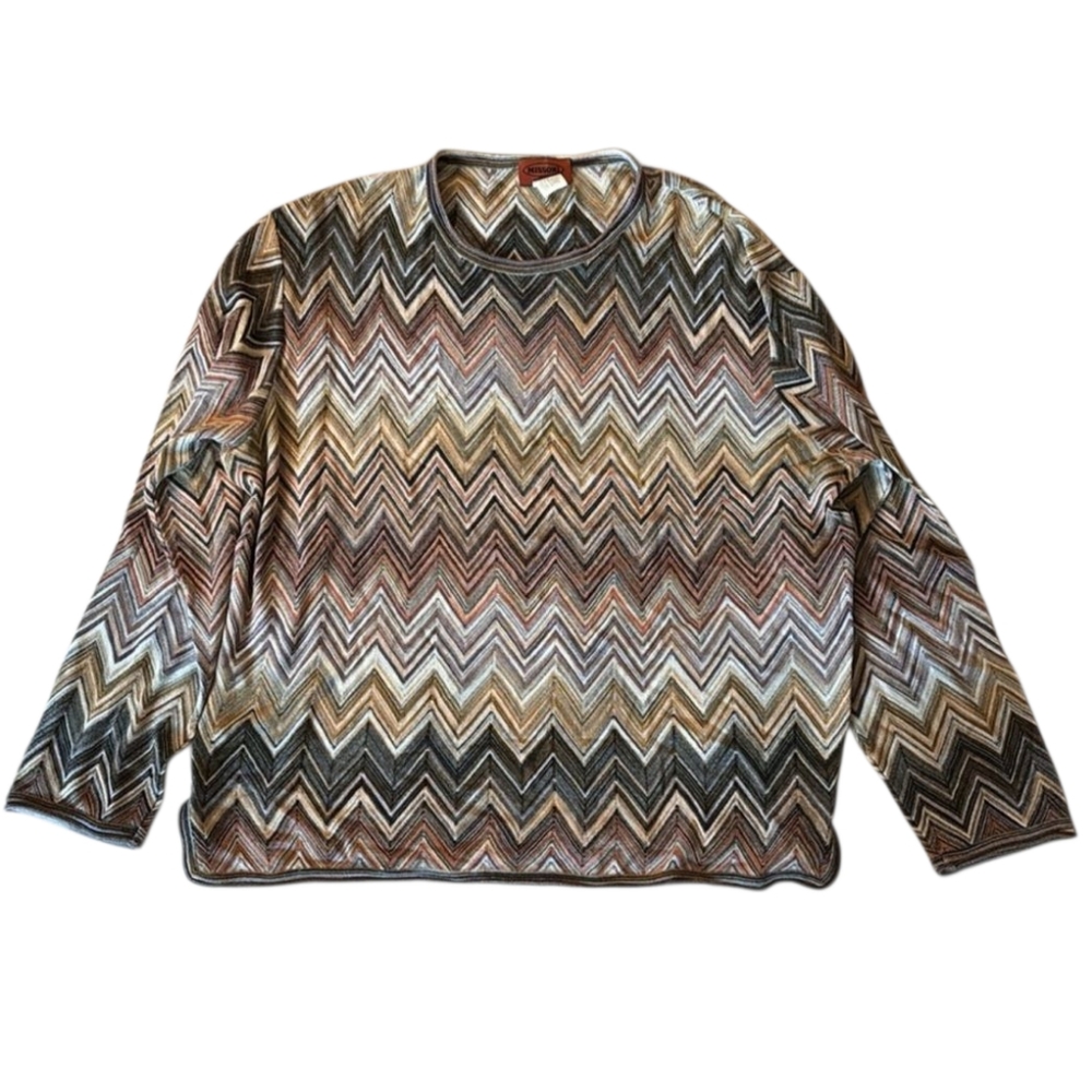 Missoni Knit Top XL Designer Long Sleeve Neutral Chevron Zig Zag Round Neck